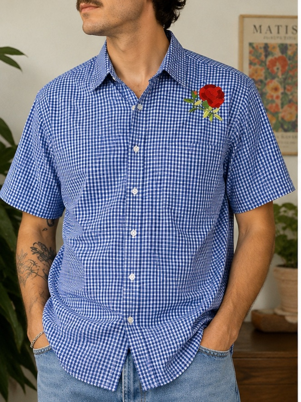 Vintage Blue Gingham Embroidered Flower Short Sleeve Button-Up Shirt Men’s M